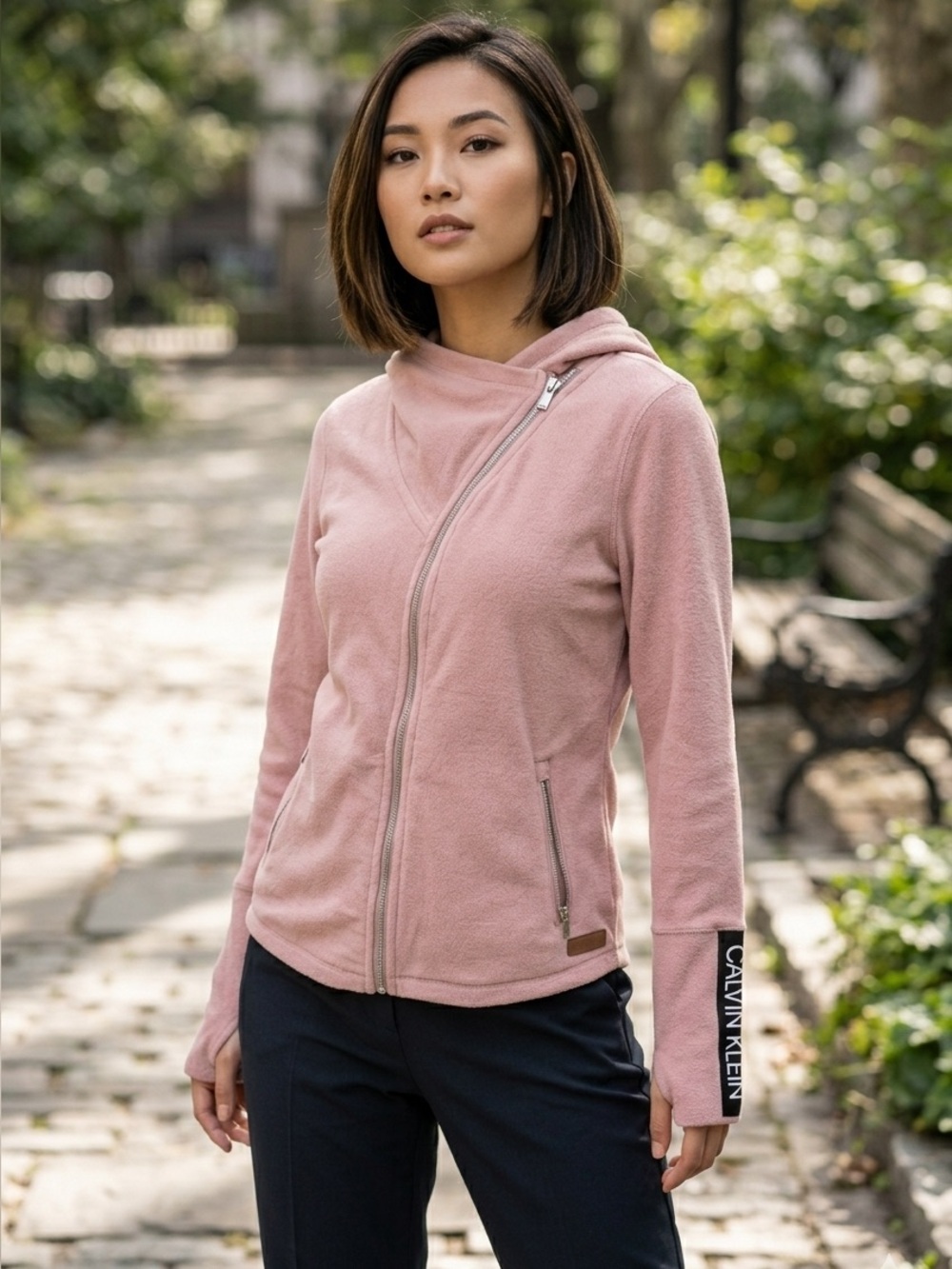 CALVIN KLEIN Pink Fleece Logo Sleeve Zip Up Hoodie Cozy Sweater